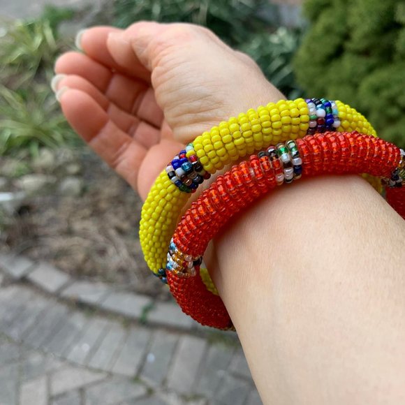 🌷3 for$25🌷2 African Style Beaded Orange & Yellow Bangle Seed Bead Bracelet - Picture 4 of 7